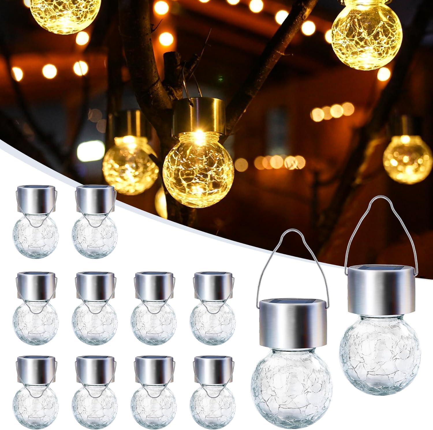 (12 pcs) Solar Outdoor Lights Hanging Lights for Christmas Decoration Cracked Glass Waterproof for Garden Yard Fence Tree