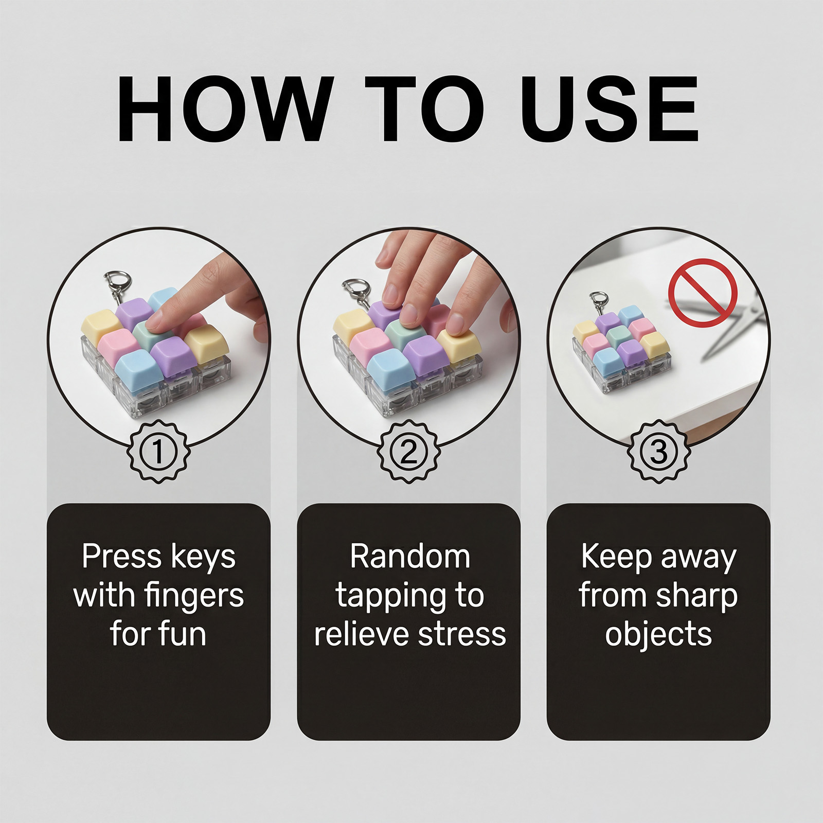 Decompression 9 Keyboard Key Toy Anti Stress Relief Finger Keychain ﻿Game Button Pinch Tester Office Desk Accessory ﻿