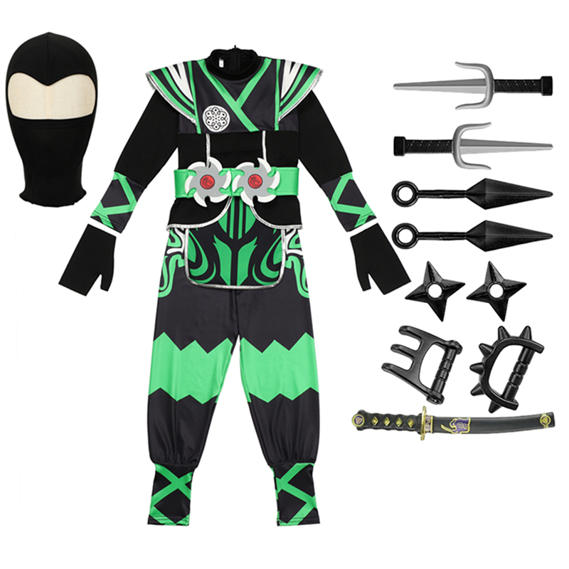 (XL)  Kids Samurai Ninja Costume Set Boys Girl Masked Warrior Outfit Halloween Role Play Birthday Party Performance Wear Festival Gift
