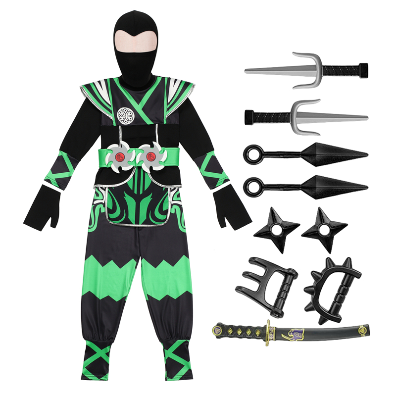 (XL)  Kids Samurai Ninja Costume Set Boys Girl Masked Warrior Outfit Halloween Role Play Birthday Party Performance Wear Festival Gift