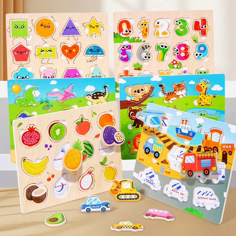 (fruit) Montessori Wooden Puzzles Hand Grab Boards Toys Tangram Jigsaw Baby Educational Toy Cartoon Vehicle Animals Fruits for Kids Gift