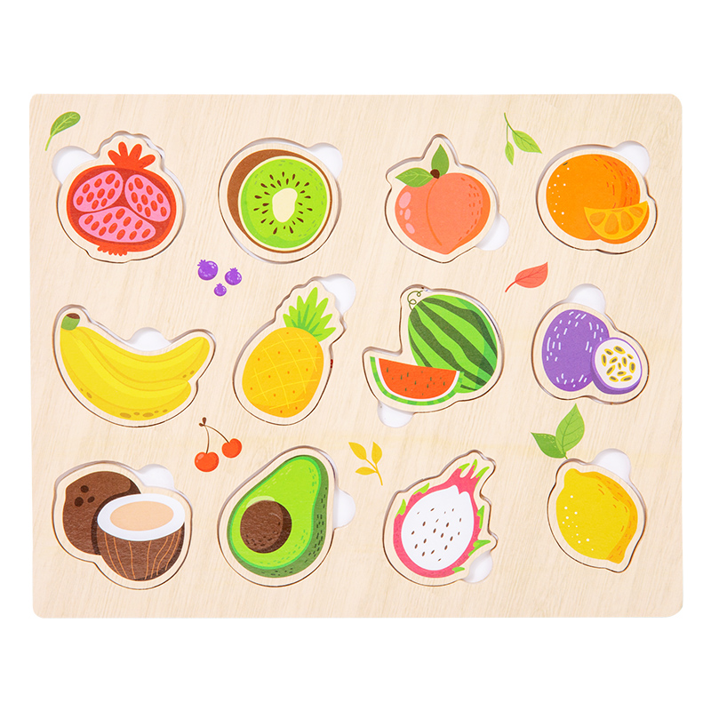 (fruit) Montessori Wooden Puzzles Hand Grab Boards Toys Tangram Jigsaw Baby Educational Toy Cartoon Vehicle Animals Fruits for Kids Gift