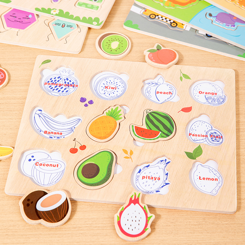(fruit) Montessori Wooden Puzzles Hand Grab Boards Toys Tangram Jigsaw Baby Educational Toy Cartoon Vehicle Animals Fruits for Kids Gift