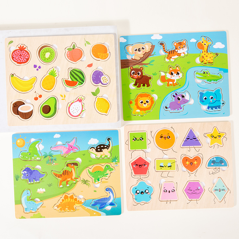 (fruit) Montessori Wooden Puzzles Hand Grab Boards Toys Tangram Jigsaw Baby Educational Toy Cartoon Vehicle Animals Fruits for Kids Gift