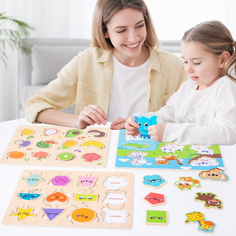 (fruit) Montessori Wooden Puzzles Hand Grab Boards Toys Tangram Jigsaw Baby Educational Toy Cartoon Vehicle Animals Fruits for Kids Gift