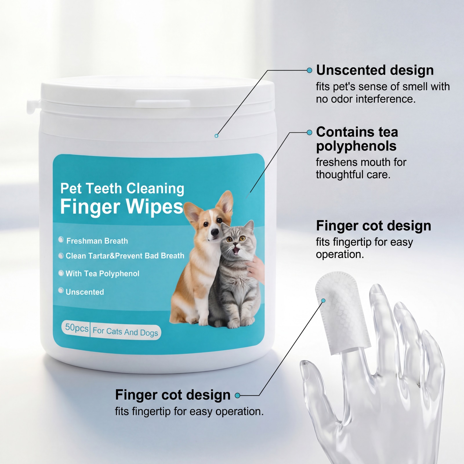 Pet Dental Finger Wipes Gentle Cleans Cats Dogs Oral Teeth Stains Daily Care Towels