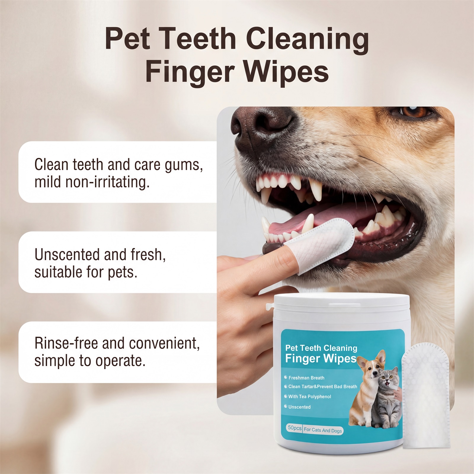 Pet Dental Finger Wipes Gentle Cleans Cats Dogs Oral Teeth Stains Daily Care Towels