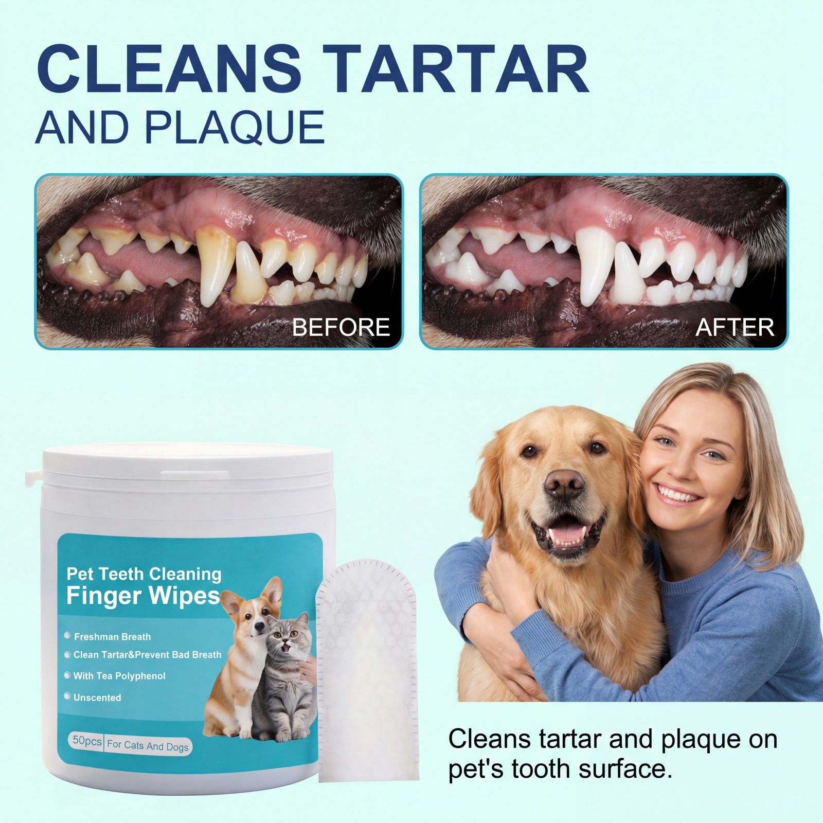 Pet Dental Finger Wipes Gentle Cleans Cats Dogs Oral Teeth Stains Daily Care Towels