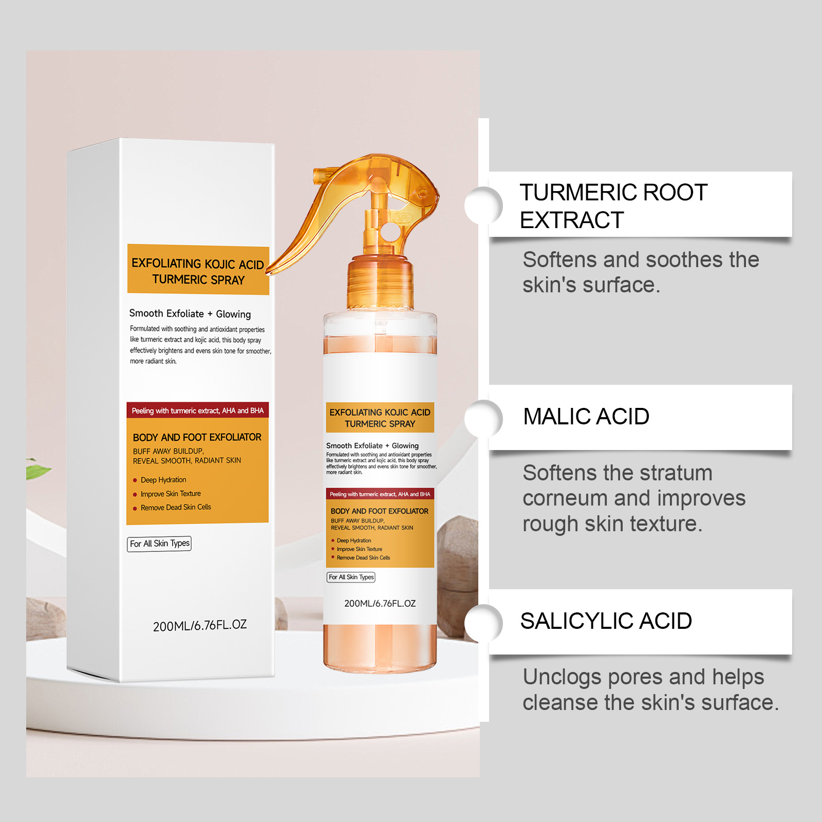 Turmeric Exfoliating Body Spray Clear Texture Mild Gentle Skin Smooth Delicate Portable Whole Body Care
