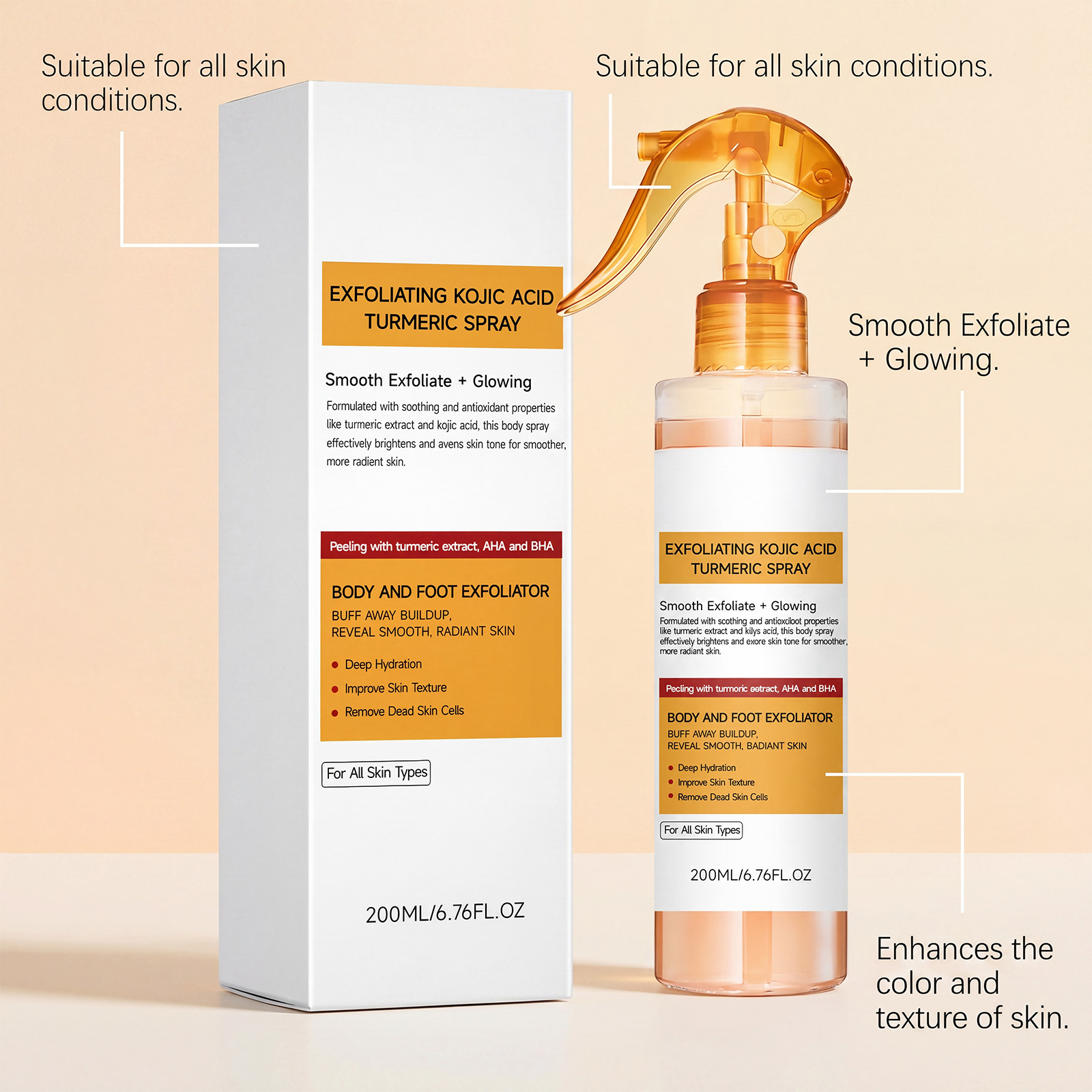 Turmeric Exfoliating Body Spray Clear Texture Mild Gentle Skin Smooth Delicate Portable Whole Body Care