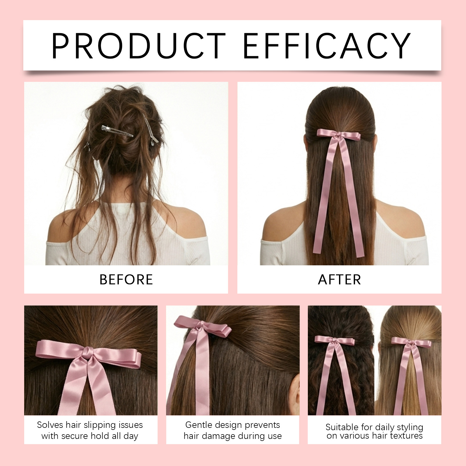 Bow Ribbon Hair Clip Rose Pink Gentle Sweet Firm Stable Stylish Versatile Hair Shaping