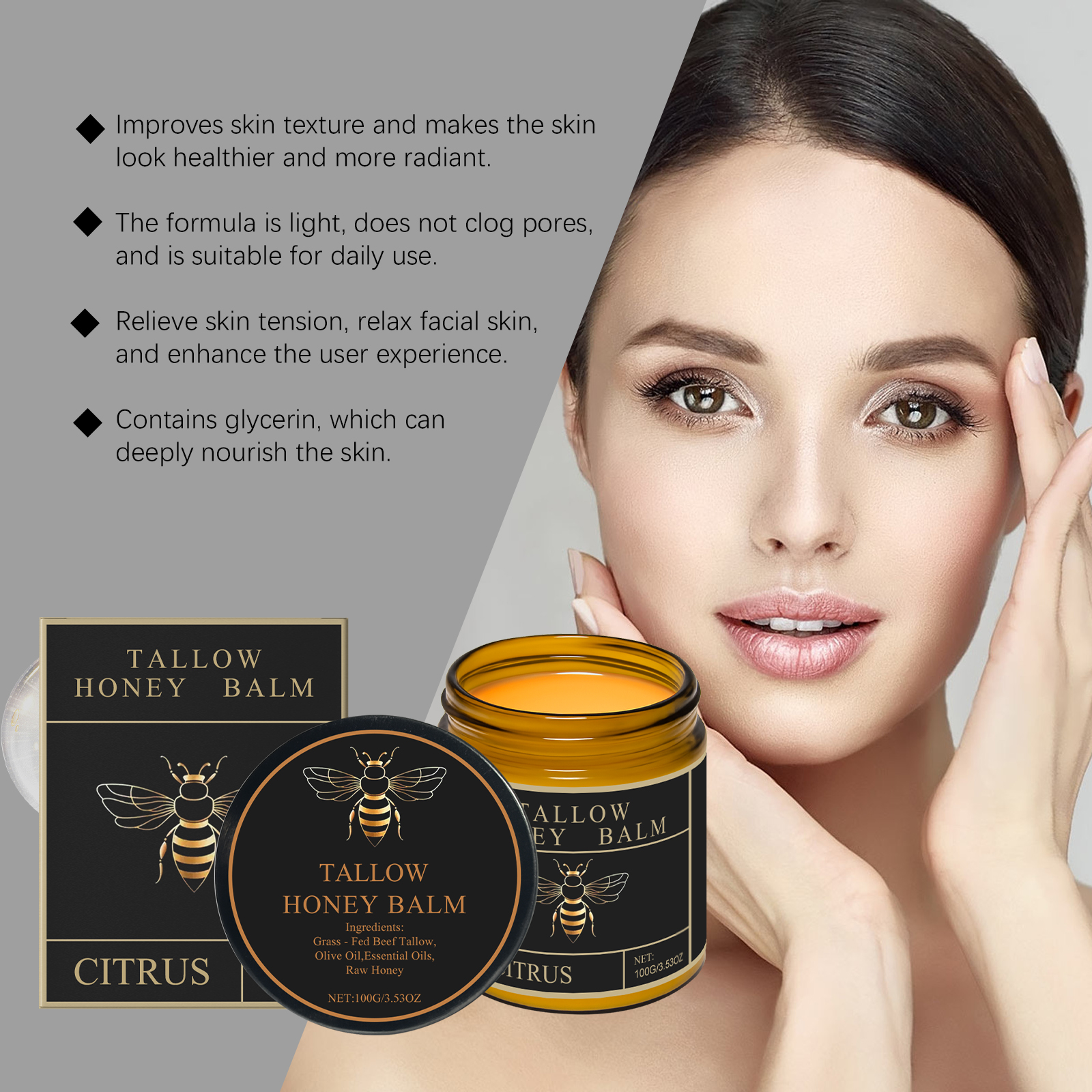 Honey Tallow Moisturizing Cream Citrus Scent Hydrating Nourishing For Face And Body Daily Care 100g