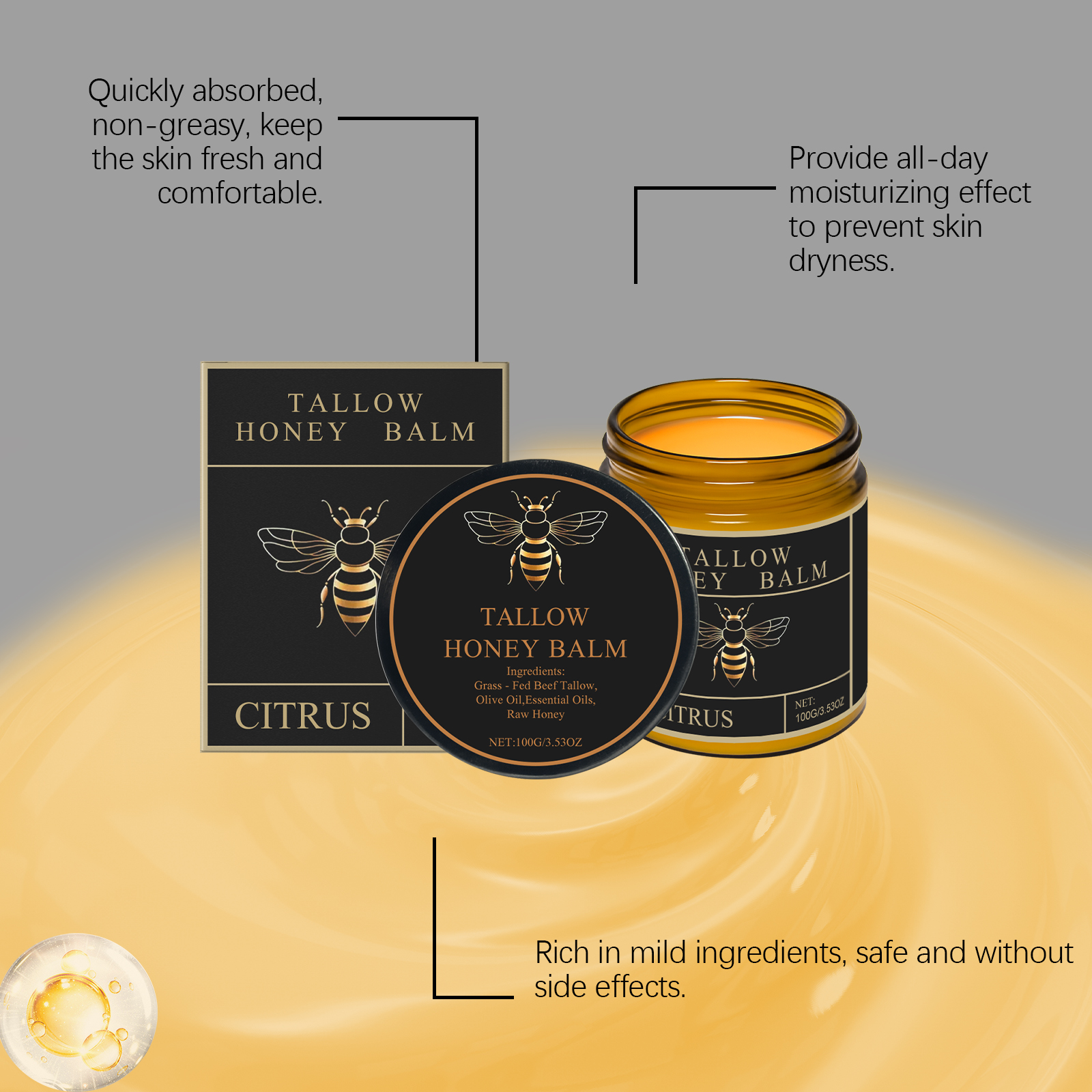 Honey Tallow Moisturizing Cream Citrus Scent Hydrating Nourishing For Face And Body Daily Care 100g