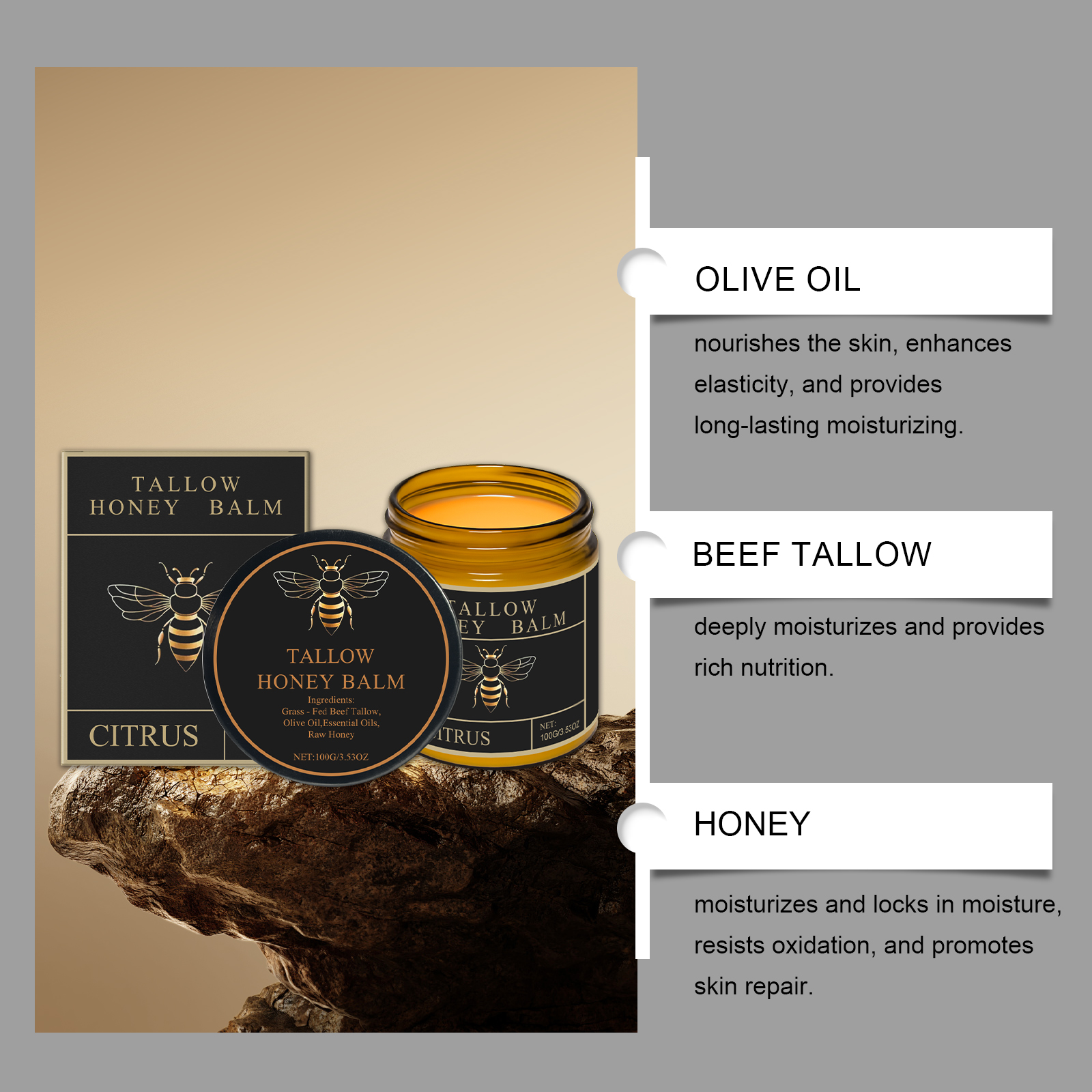 Honey Tallow Moisturizing Cream Citrus Scent Hydrating Nourishing For Face And Body Daily Care 100g
