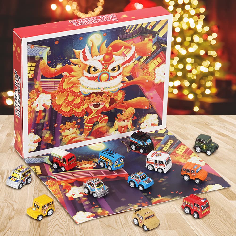 Christmas Advent Calendar with 24Pcs Pull Back Vehicle Toys 2022 24 Days Christmas Countdown Collectible Race Car Playset Souvenir Xmas Decoration Kids Boys Toddlers Party Favors Festive Present Blind Box Surprise Gift