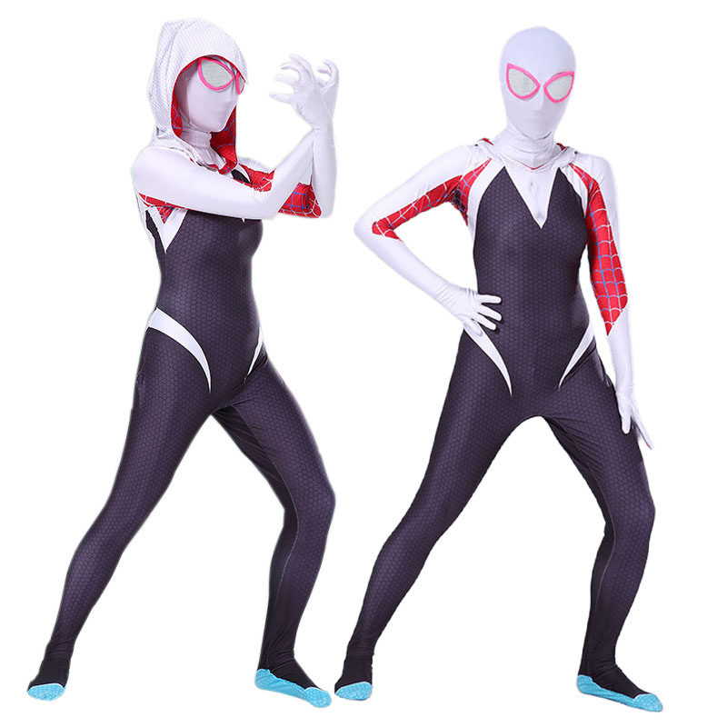(M) Spiderman Costume Gwen Cosplay 3D Style for Girls Superhero Bodysuit Kids Halloween Carnival Fancy Dress Children Cosplay Jumpsuit