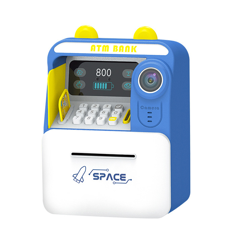 (Blue) ATM Machine Saving Box with Face Recognition Unlocking and Password Lock Coin Bank Toy Gifts for Boys Girls