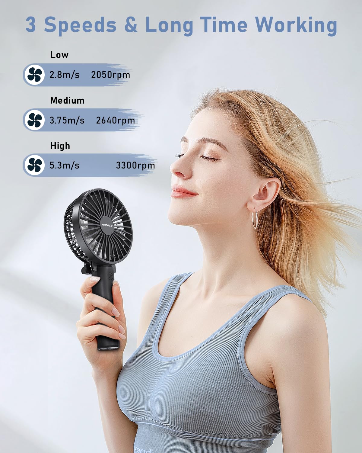 (Black) TriPole Handheld Fan Rechargeable Foldable Battery USB Fan Personal Pocket Fan 3 Speed Mini Handheld Desk Fan Adjustable Portable Fan for Indoor Camp Sport