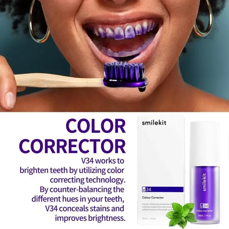SMILEKIT V34 Purple Whitening Toothpaste Remove Smoke Stain Tartar Reduce Yellowing Care For Teeth Gums Fresh Breath Clean Oral Hygiene Teeth Care 30ml