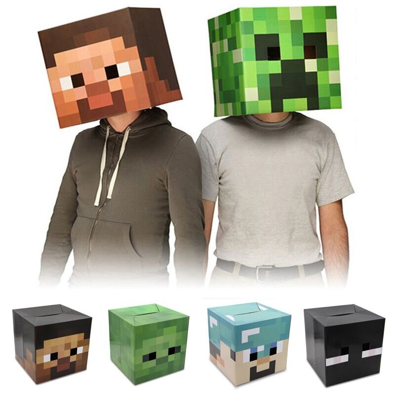 (Brown Steve) Minecraft Cardboard Headgear Box Cosplay Costume Steve Creeper Enderman Zombie Headpiece Costume Mask One Size