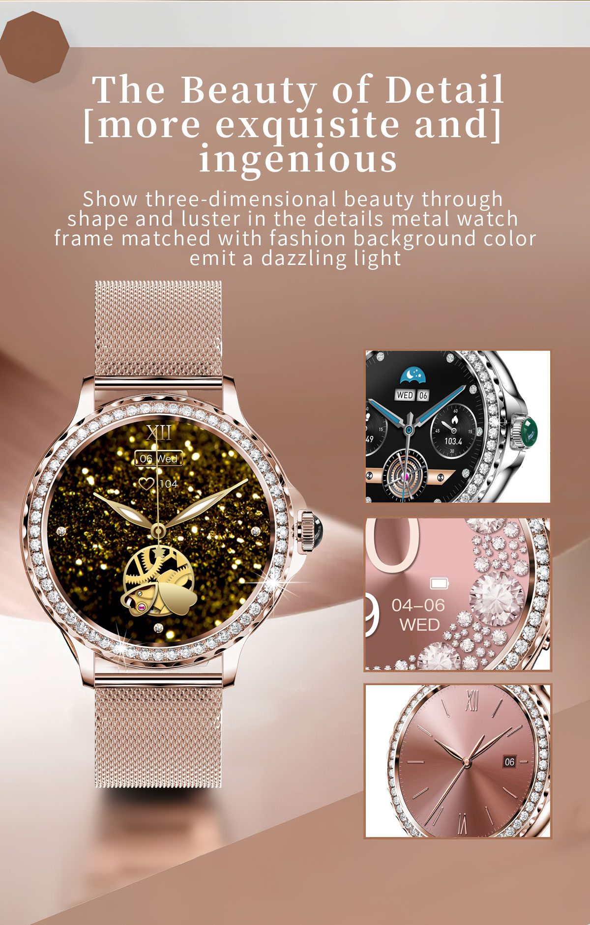 (Rose Gold) Women Smart Watch Fashion Bluetooth Call Intelligent Sports Bracelet IP68 Waterproof Watch Embedding Smartwatch for Android iOS Phones