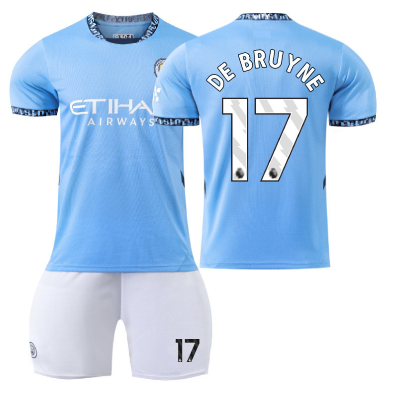 (Kids 16) 2024 2025 Manchester City Home Football Kit No.17 De Bruyne Soccer Tracksuit Boy Girl Football Team Jersey Shirts Shorts Socks Breathable Quick Drying