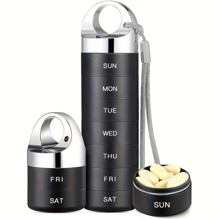 (Black) Metal Travel Pill Organizer Portable Waterproof Weekly Pill Box Large Aluminum Alloy Container 7 Day Daily Medicine Organizer BPA Free Vitamin Supplement
