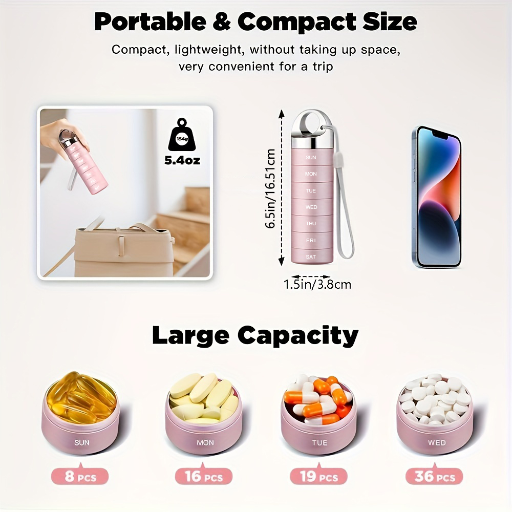 (Black) Metal Travel Pill Organizer Portable Waterproof Weekly Pill Box Large Aluminum Alloy Container 7 Day Daily Medicine Organizer BPA Free Vitamin Supplement