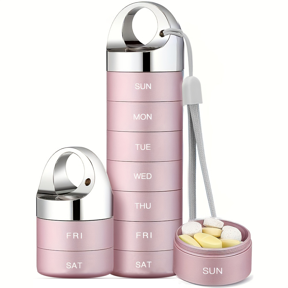 (Black) Metal Travel Pill Organizer Portable Waterproof Weekly Pill Box Large Aluminum Alloy Container 7 Day Daily Medicine Organizer BPA Free Vitamin Supplement