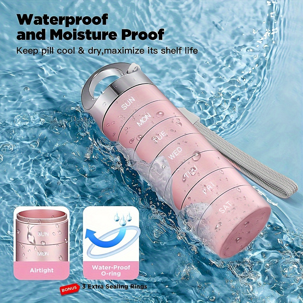 (Black) Metal Travel Pill Organizer Portable Waterproof Weekly Pill Box Large Aluminum Alloy Container 7 Day Daily Medicine Organizer BPA Free Vitamin Supplement