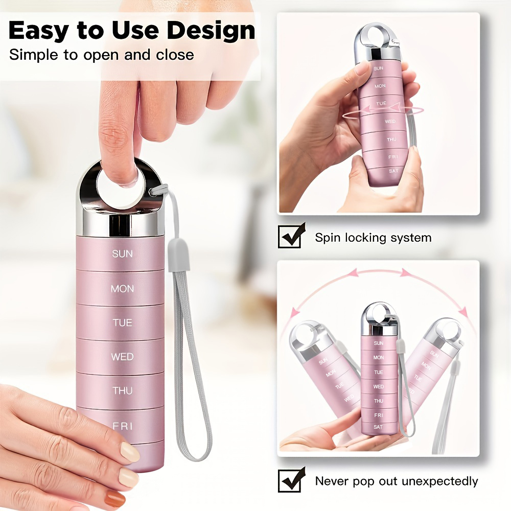 (Black) Metal Travel Pill Organizer Portable Waterproof Weekly Pill Box Large Aluminum Alloy Container 7 Day Daily Medicine Organizer BPA Free Vitamin Supplement