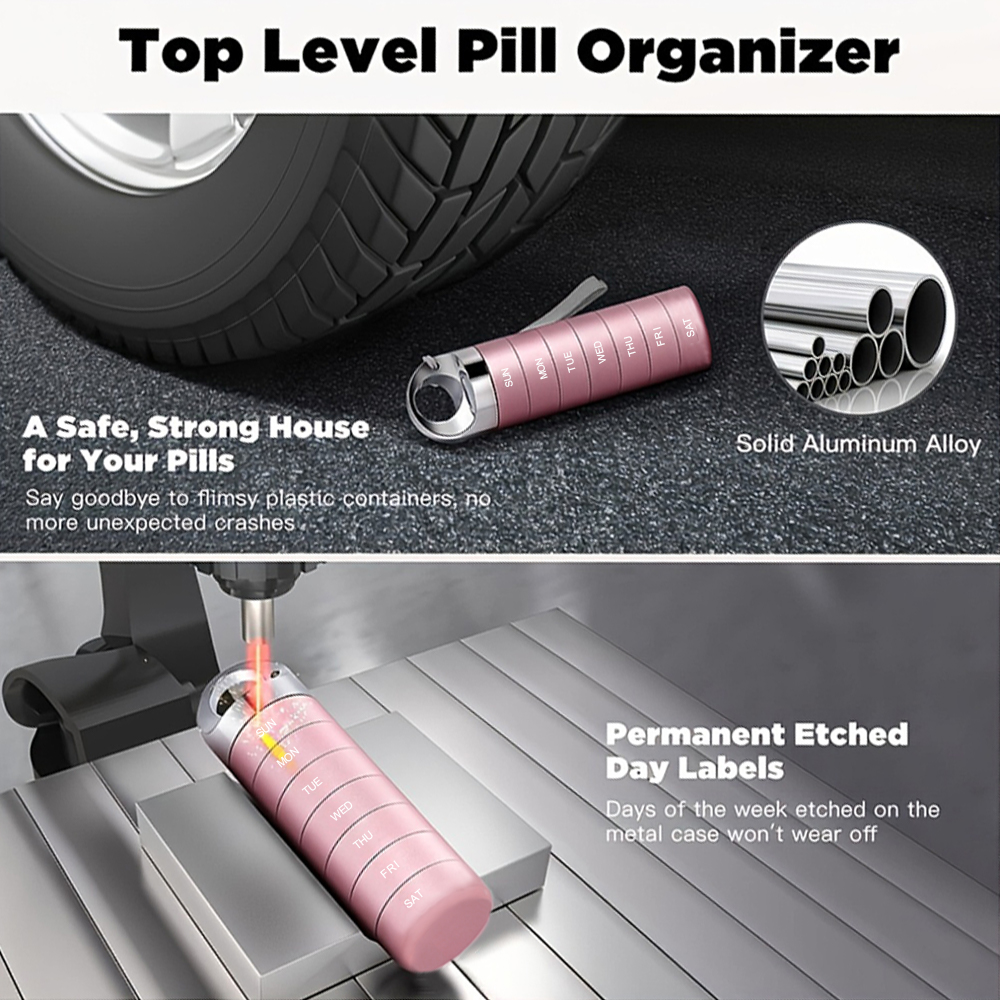 (Black) Metal Travel Pill Organizer Portable Waterproof Weekly Pill Box Large Aluminum Alloy Container 7 Day Daily Medicine Organizer BPA Free Vitamin Supplement