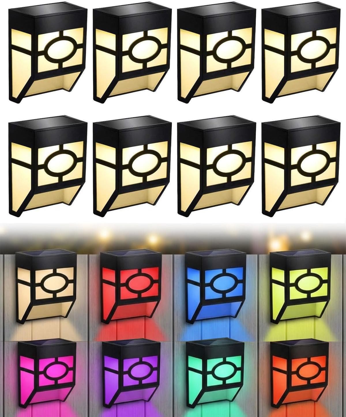 (8 PCS) Solar Lights Outdoor Garden 8-Pack IP65 Waterproof Solar Fence Lights with Warm White Multi-Colour Changing, Solar LED Garden Lights Deck Stairs