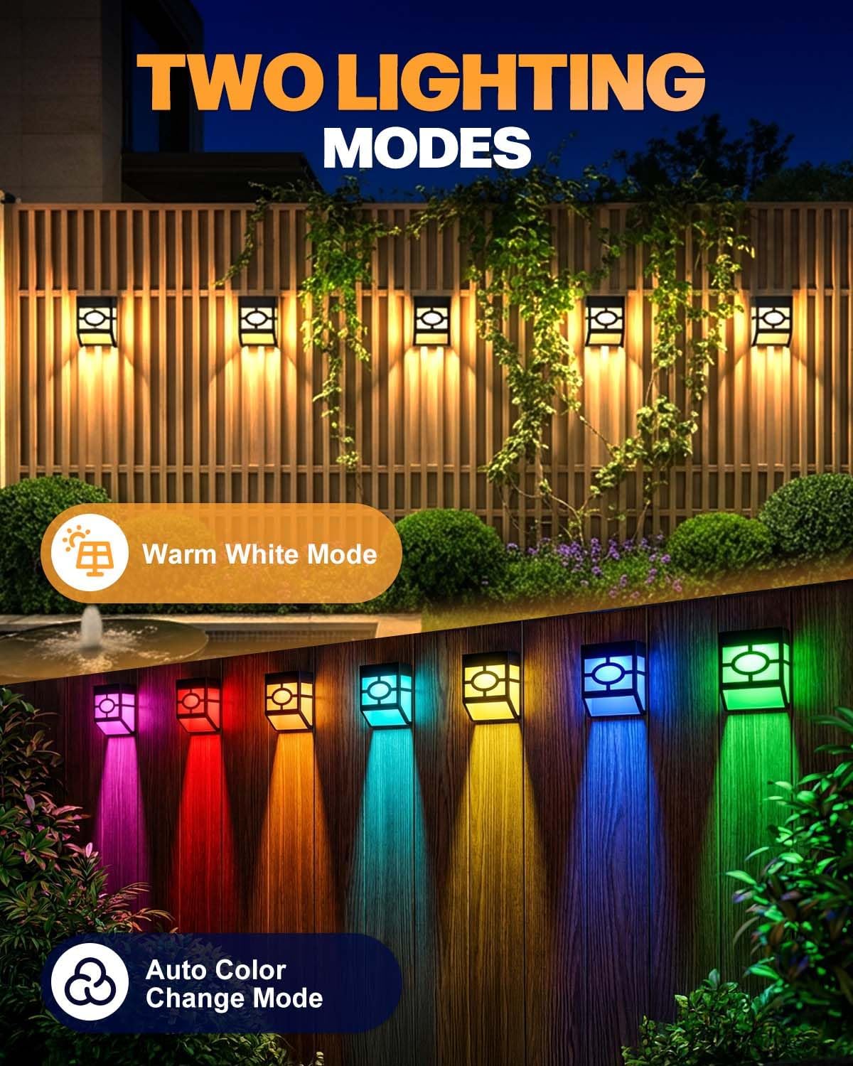(8 PCS) Solar Lights Outdoor Garden 8-Pack IP65 Waterproof Solar Fence Lights with Warm White Multi-Colour Changing, Solar LED Garden Lights Deck Stairs