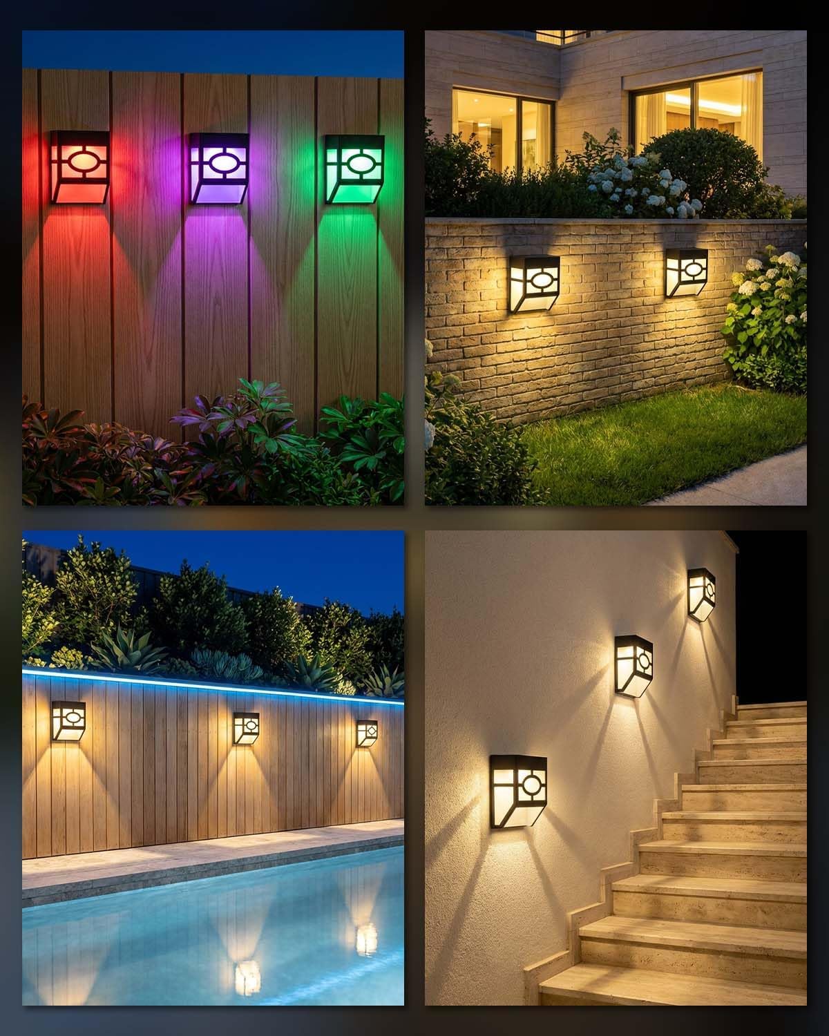 (8 PCS) Solar Lights Outdoor Garden 8-Pack IP65 Waterproof Solar Fence Lights with Warm White Multi-Colour Changing, Solar LED Garden Lights Deck Stairs