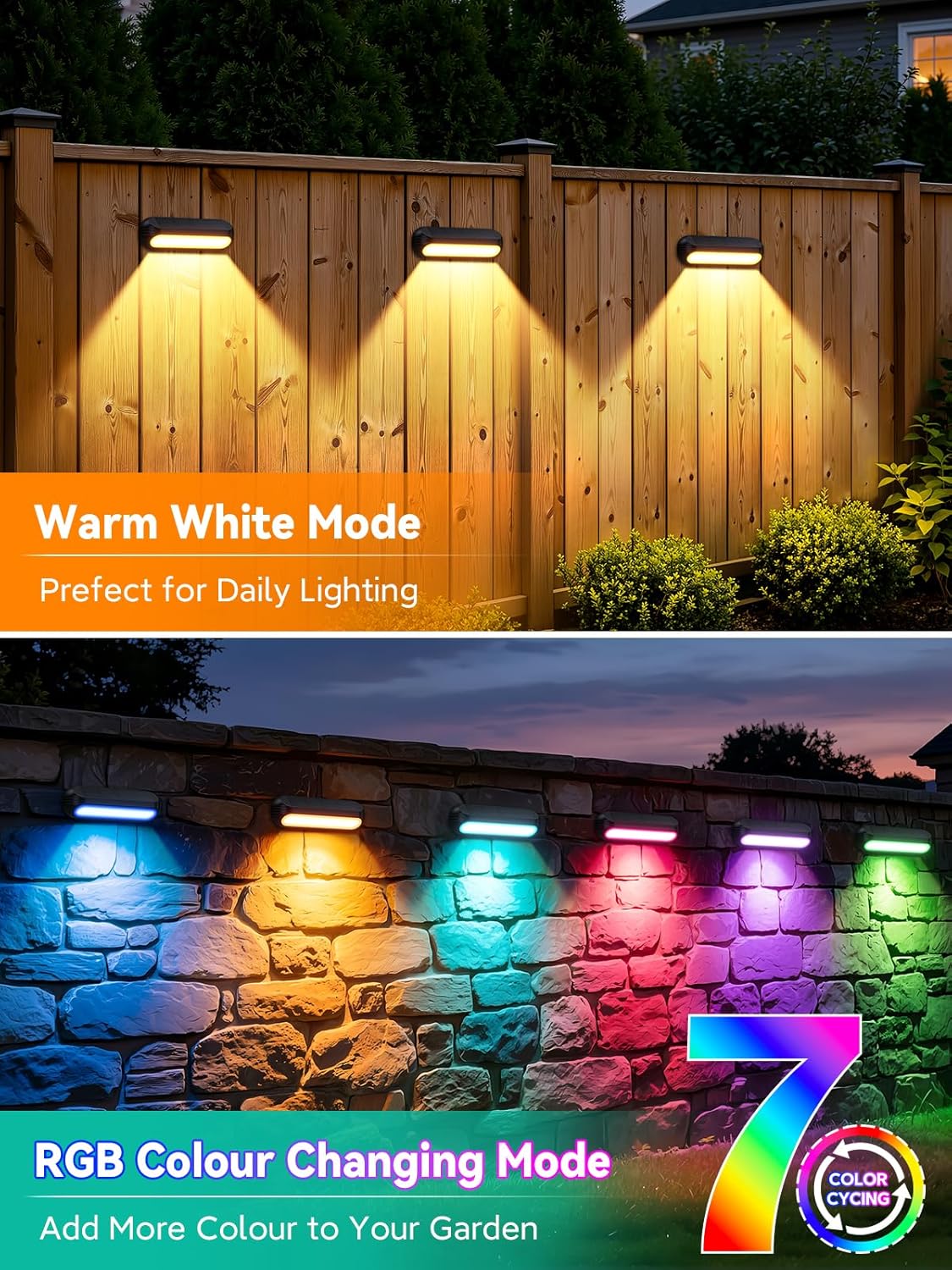 Solar Lights Outdoor Garden 4 Pack Solar Fence Lights with Warm White and Multi-Colour Changing Modes Waterproof Garden Ornaments Outdoor for Fence Stairs Step 