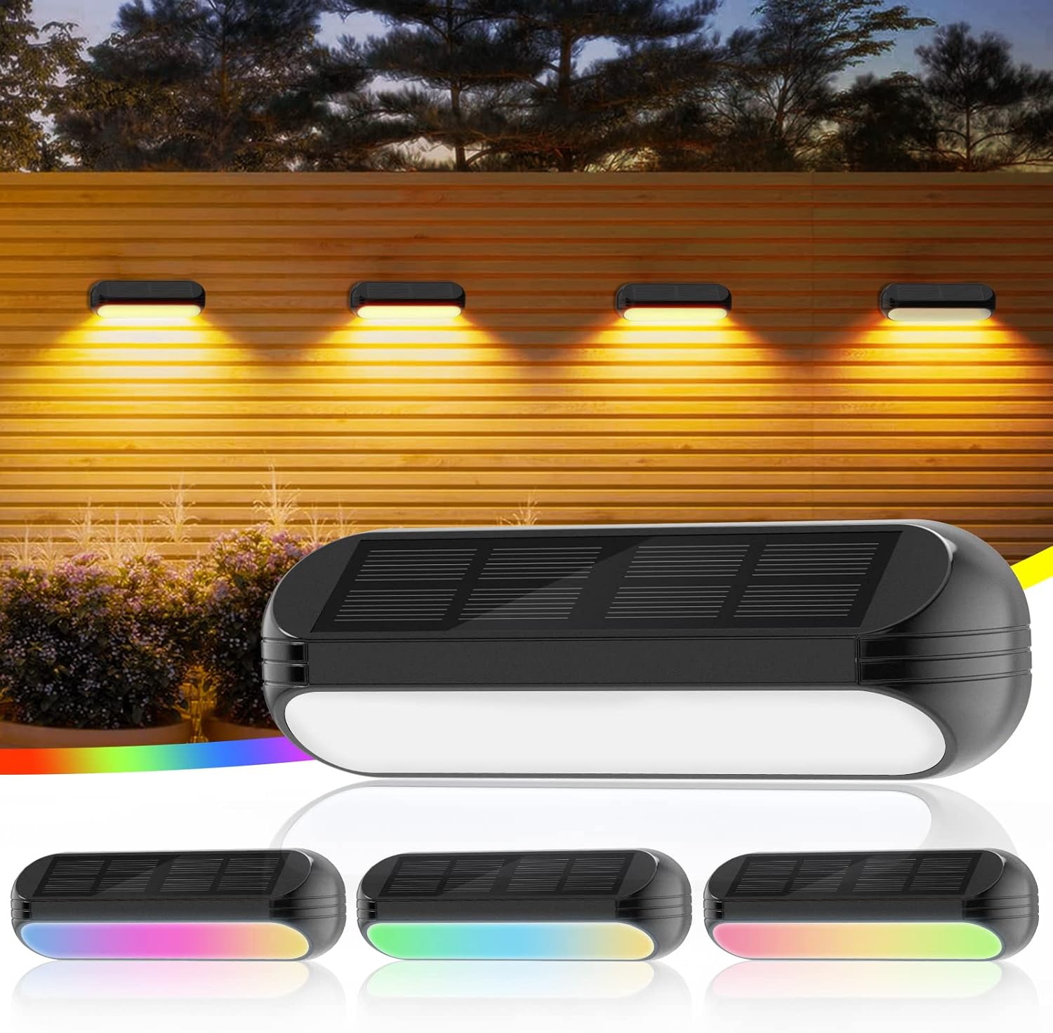 Solar Lights Outdoor Garden 4 Pack Solar Fence Lights with Warm White and Multi-Colour Changing Modes Waterproof Garden Ornaments Outdoor for Fence Stairs Step 