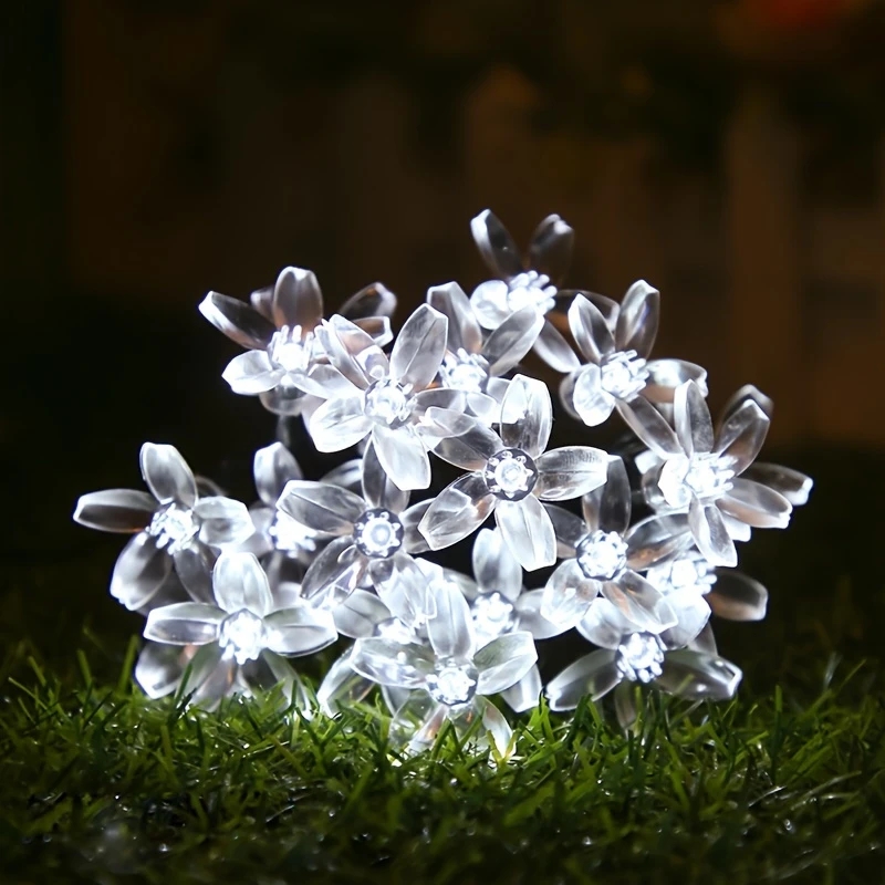 (Lotus white) Solar Lotus Flower String Lights 20 LED Double Layer Cherry blossoms Fairy Lights for Garden Fence Patio Yard Christmas