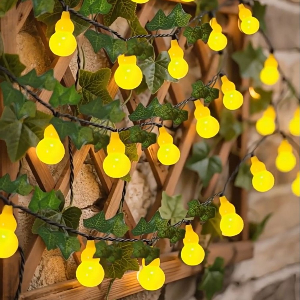 (5M10LED)  Solar Powered Yellow Gourd Shape LED String Lights with Ivy Leaves Waterproof for Garden Patio Party Home Decor