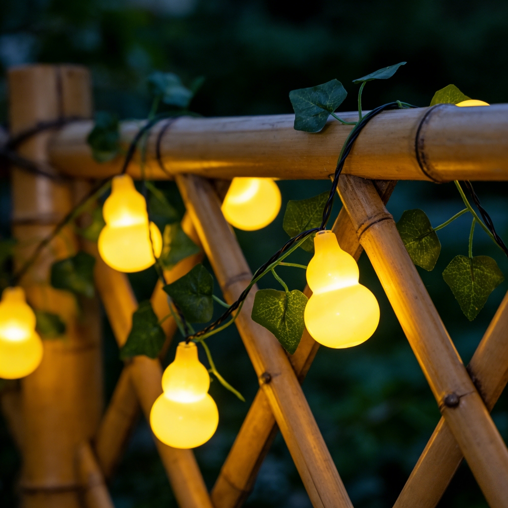  Solar Powered Yellow Gourd Shape LED String Lights with Ivy Leaves Waterproof for Garden Patio Party Home Decor