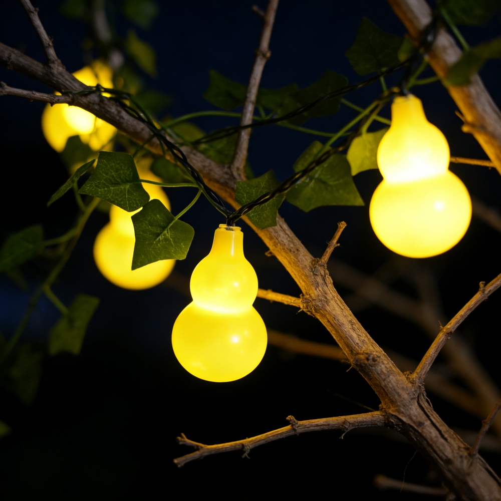 (5M10LED)  Solar Powered Yellow Gourd Shape LED String Lights with Ivy Leaves Waterproof for Garden Patio Party Home Decor