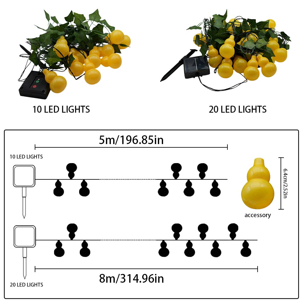 (5M10LED)  Solar Powered Yellow Gourd Shape LED String Lights with Ivy Leaves Waterproof for Garden Patio Party Home Decor