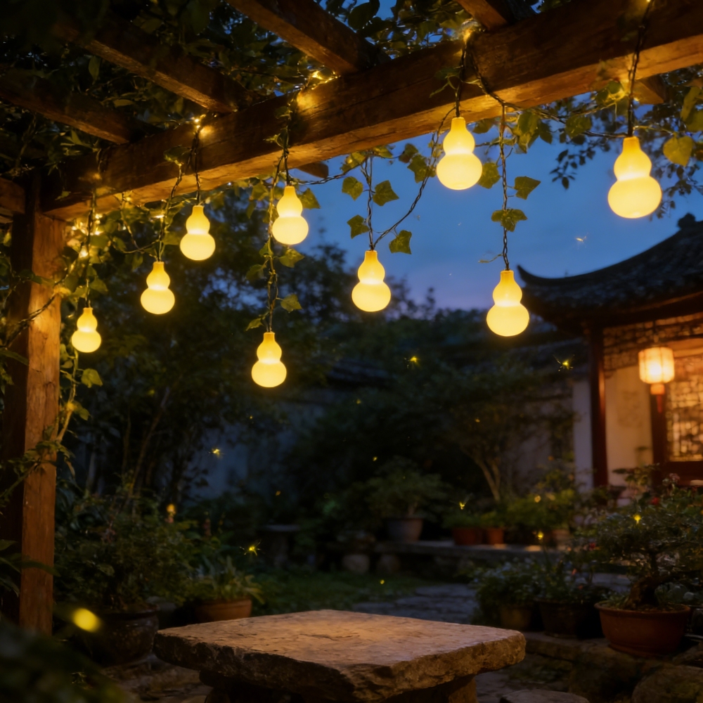 (5M10LED)  Solar Powered Yellow Gourd Shape LED String Lights with Ivy Leaves Waterproof for Garden Patio Party Home Decor