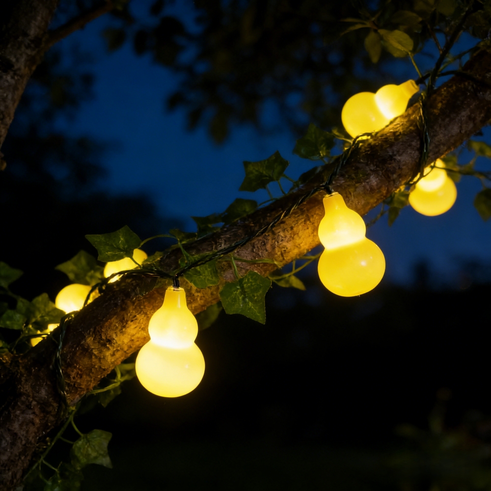 (5M10LED)  Solar Powered Yellow Gourd Shape LED String Lights with Ivy Leaves Waterproof for Garden Patio Party Home Decor