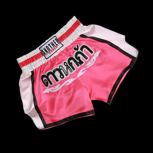 (L) Muay Thai Kickboxing Shorts Unisex Embroidered Satin Pants for Men Women Kids for MMA Training Fight