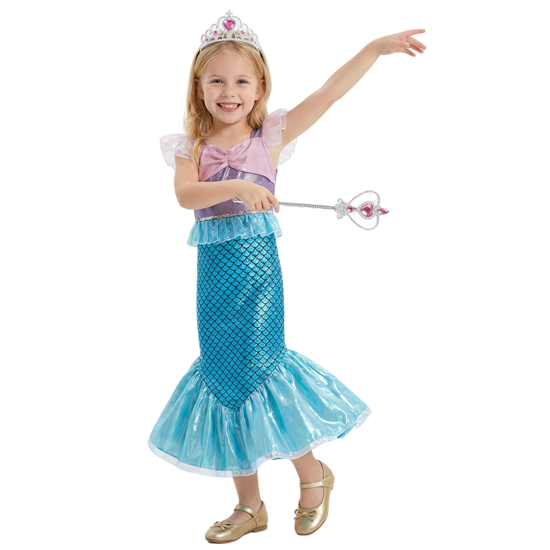 (150CM)  Sparkling Mermaid Costume for Girls Scale Tail Dress Cartoon Princess Gown Halloween Party Performance Show Role Play Outfit