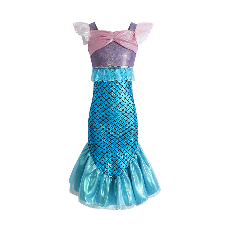 (150CM)  Sparkling Mermaid Costume for Girls Scale Tail Dress Cartoon Princess Gown Halloween Party Performance Show Role Play Outfit
