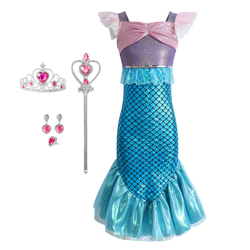 (150CM)  Sparkling Mermaid Costume for Girls Scale Tail Dress Cartoon Princess Gown Halloween Party Performance Show Role Play Outfit