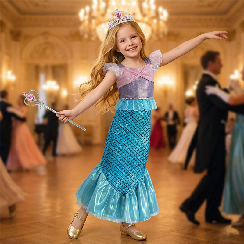 (150CM)  Sparkling Mermaid Costume for Girls Scale Tail Dress Cartoon Princess Gown Halloween Party Performance Show Role Play Outfit
