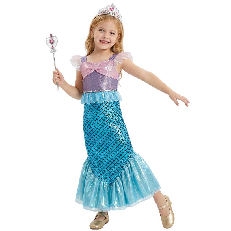 (150CM)  Sparkling Mermaid Costume for Girls Scale Tail Dress Cartoon Princess Gown Halloween Party Performance Show Role Play Outfit